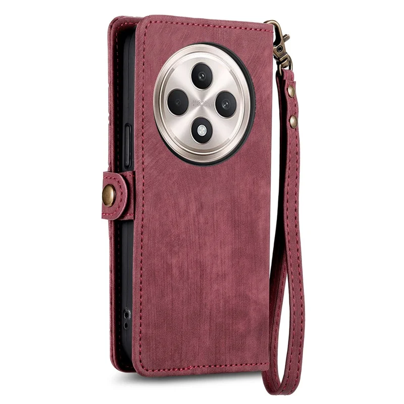 جراب محفظة بسحّاب لهاتف Oppo Reno12 F 5G، تصميم خطوط هندسية من الجلد مع حزام يد - أحمر