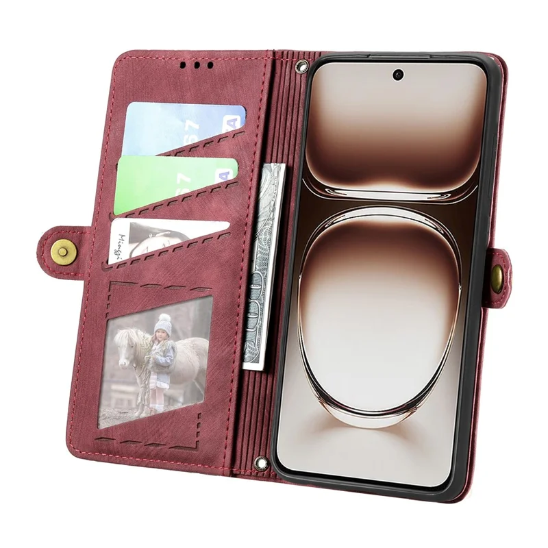 جراب محفظة بسحّاب لهاتف Oppo Reno12 F 5G، تصميم خطوط هندسية من الجلد مع حزام يد - أحمر