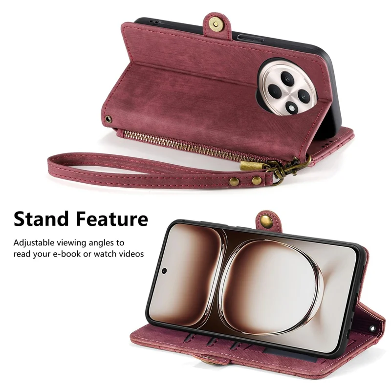 جراب محفظة بسحّاب لهاتف Oppo Reno12 F 5G، تصميم خطوط هندسية من الجلد مع حزام يد - أحمر