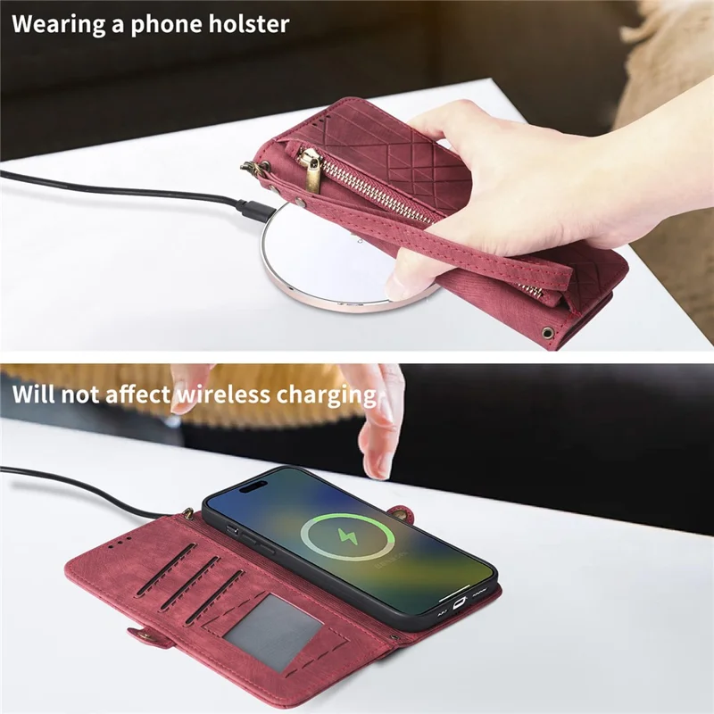 جراب محفظة بسحّاب لهاتف Oppo Reno12 F 5G، تصميم خطوط هندسية من الجلد مع حزام يد - أحمر