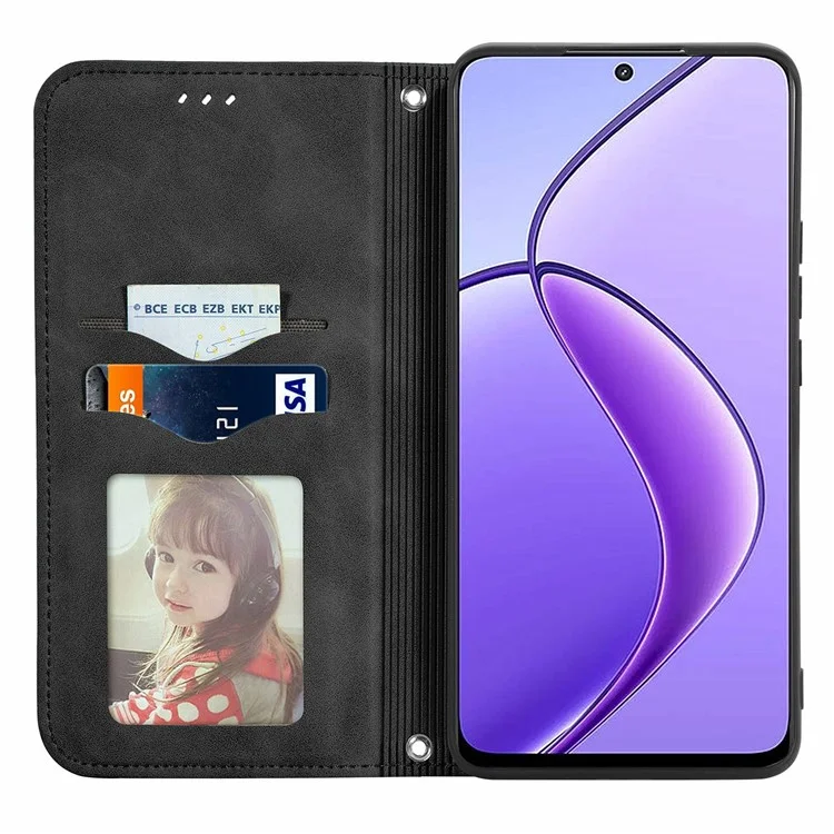 For Oppo Reno12 F 5G Leather Case with Card Holder Magnetic Absorption Phone Cover - Black