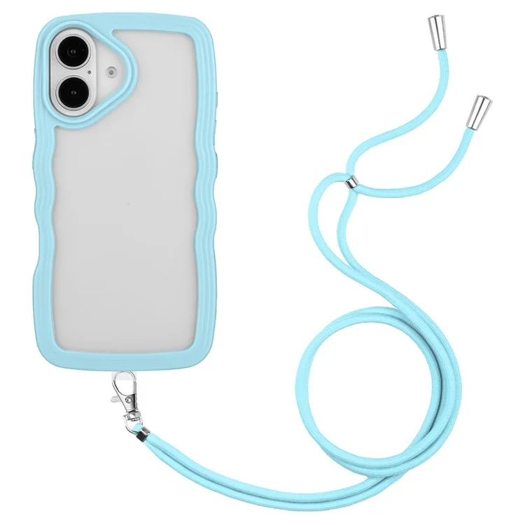Para Iphone 16 Plus Case Wavy Edge Design PC + TPU Tampa de Telefone à Prova de Choque Com Cordão Ajustável - Azul -celeste