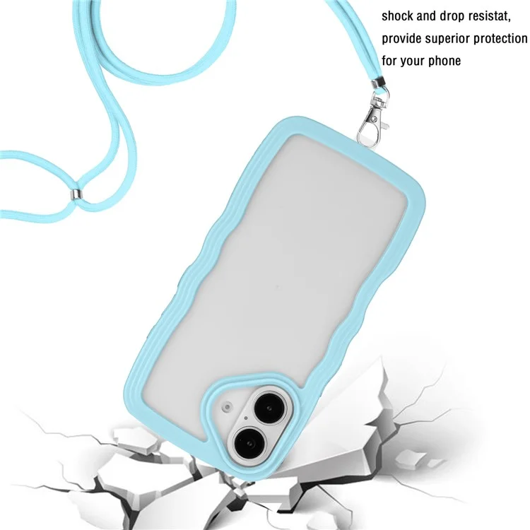 Para Iphone 16 Plus Case Wavy Edge Design PC + TPU Tampa de Telefone à Prova de Choque Com Cordão Ajustável - Azul -celeste