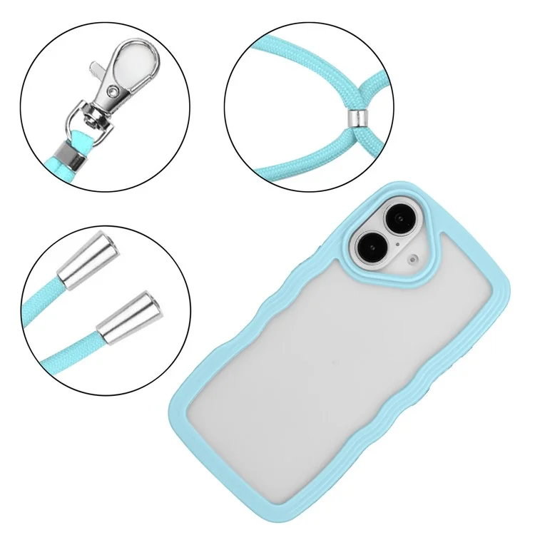 Para Iphone 16 Plus Case Wavy Edge Design PC + TPU Tampa de Telefone à Prova de Choque Com Cordão Ajustável - Azul -celeste