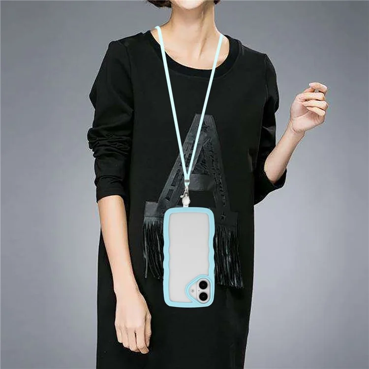 Para Iphone 16 Plus Case Wavy Edge Design PC + TPU Tampa de Telefone à Prova de Choque Com Cordão Ajustável - Azul -celeste
