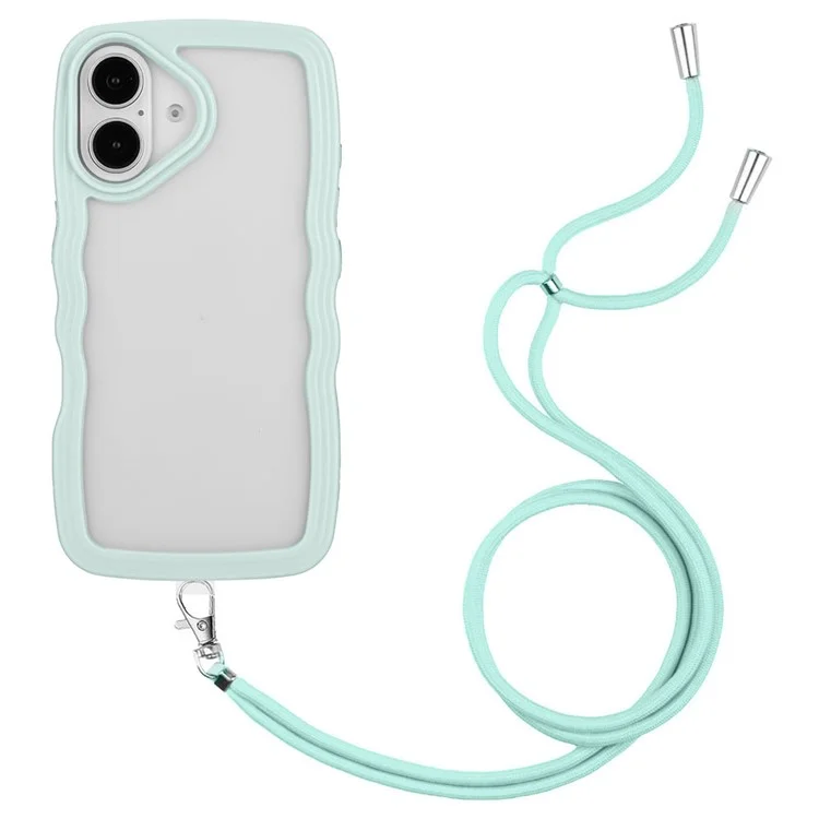For iPhone 16 Plus Case Wavy Edge Design PC + TPU Shockproof Phone Cover with Adjustable Lanyard - Baby Blue