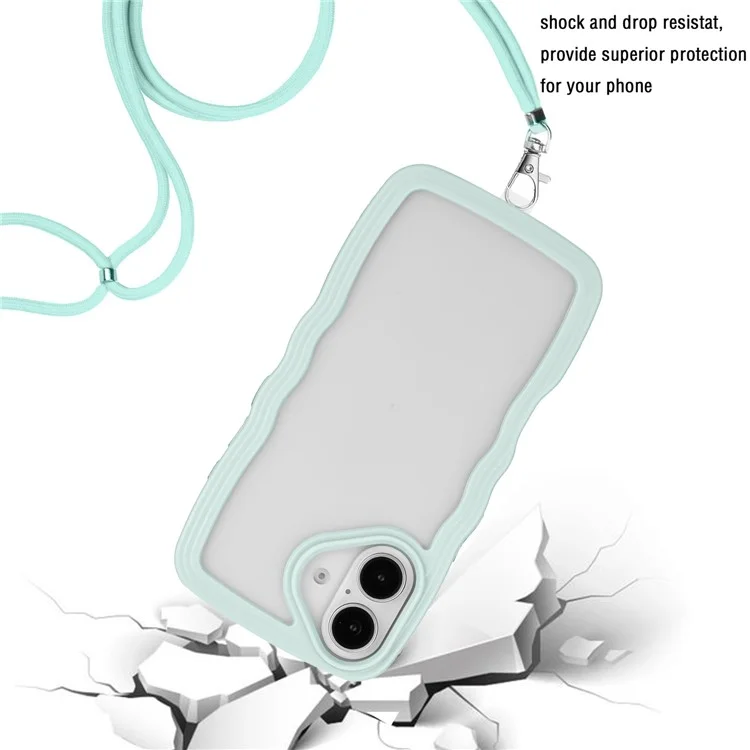 For iPhone 16 Plus Case Wavy Edge Design PC + TPU Shockproof Phone Cover with Adjustable Lanyard - Baby Blue