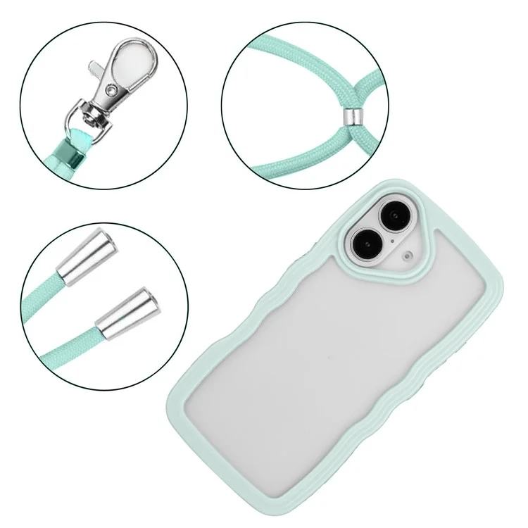 For iPhone 16 Plus Case Wavy Edge Design PC + TPU Shockproof Phone Cover with Adjustable Lanyard - Baby Blue