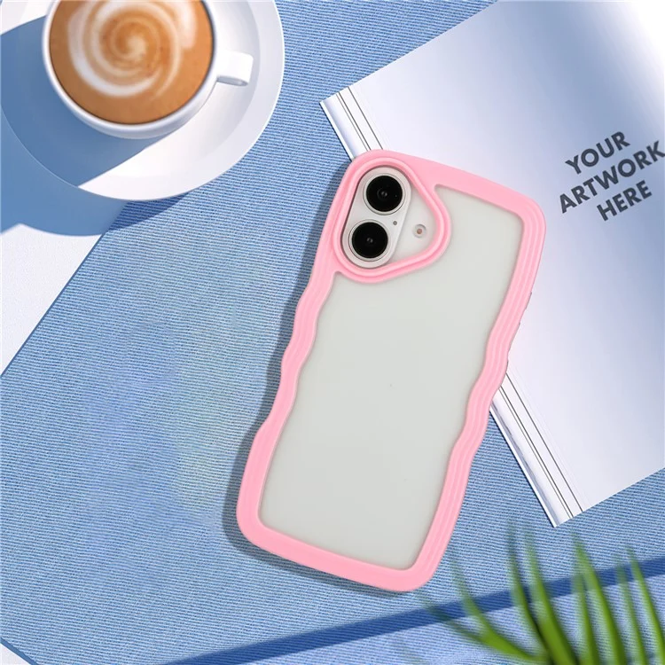 Para Iphone 16 Plus Case Wavy Edge Design PC + TPU Choque à Prova de Choque Tampa - Rosa