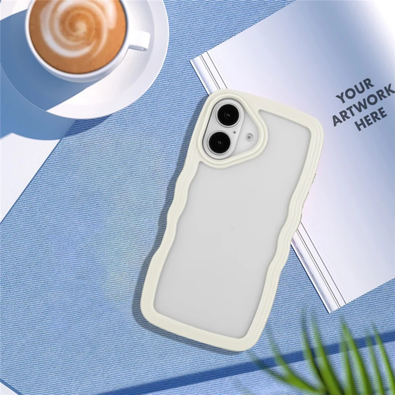 For iPhone 16 Case Wavy Edge Design PC + TPU Shockproof Phone Cover - White