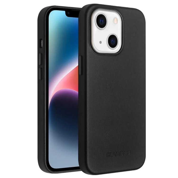 Étui de Téléphone Anti-automne Qialino Pour Iphone 14 Plus Cadre de Protection Magnétique Protectrice en Cuir Authentique Couverture PC à L'épreuve de Choc - le Noir