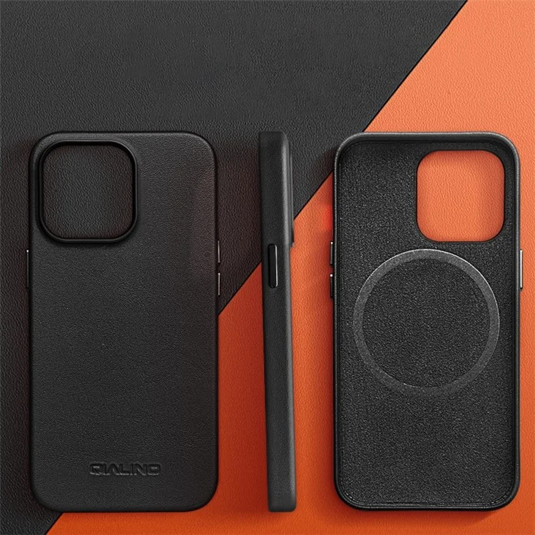 Étui de Téléphone Anti-automne Qialino Pour Iphone 14 Plus Cadre de Protection Magnétique Protectrice en Cuir Authentique Couverture PC à L'épreuve de Choc - le Noir