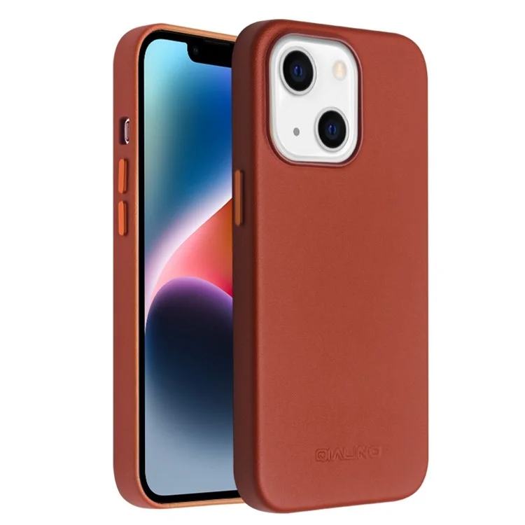 Caixa de Telefone Anti-queda Qialino Para Iphone 14 Plus Protetive Magnetic Case Genuine Coated Choque à Prova de Choque Coberto de pc Tampa - Castanho