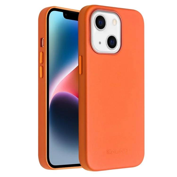 Qialino Schutzhülle Für Iphone 14 Schockfeste Magnethülle Echtes Leder Beschichtetes Anti-fall-telefon-pc-abdeckung - Orange