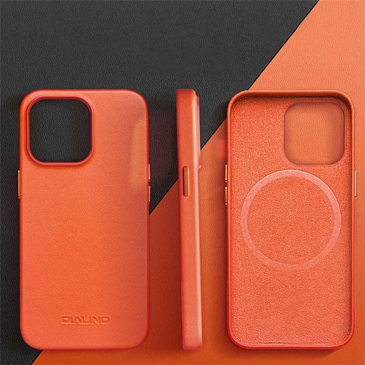 Étui de protection QIALINO pour iPhone 14, étui magnétique antichoc en cuir véritable avec revêtement, coque de téléphone en PC anti-chute - Marron