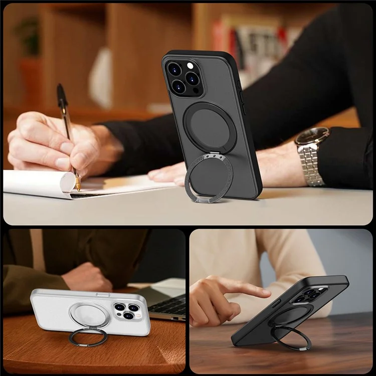 Para Iphone 15 Pro Case Compatible Con Magsafe PC+TPU Telep Cover Portada Kickstand - Negro Transparente