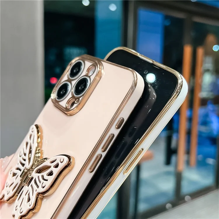 Para Iphone 16 Pro Case Butterfly Kickstand TPU Electroplating Telephip Cover - Rosa