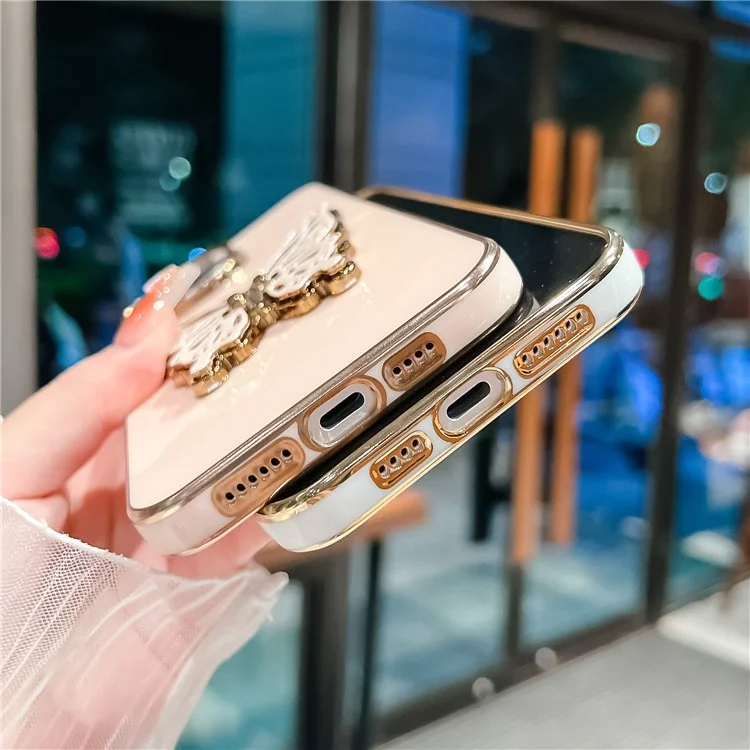 Para Iphone 16 Pro Case Butterfly Kickstand TPU Electroplating Telephip Cover - Rosa