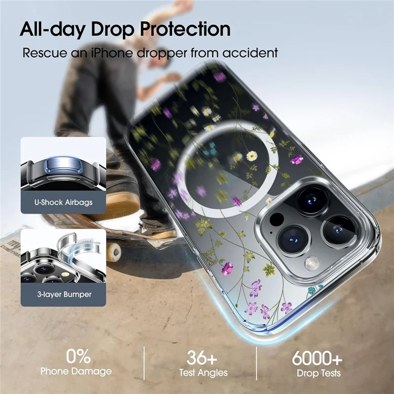 For iPhone 16 Pro Case Flower Series TPU+PC Phone Cover Compatible with MagSafe - Transparent