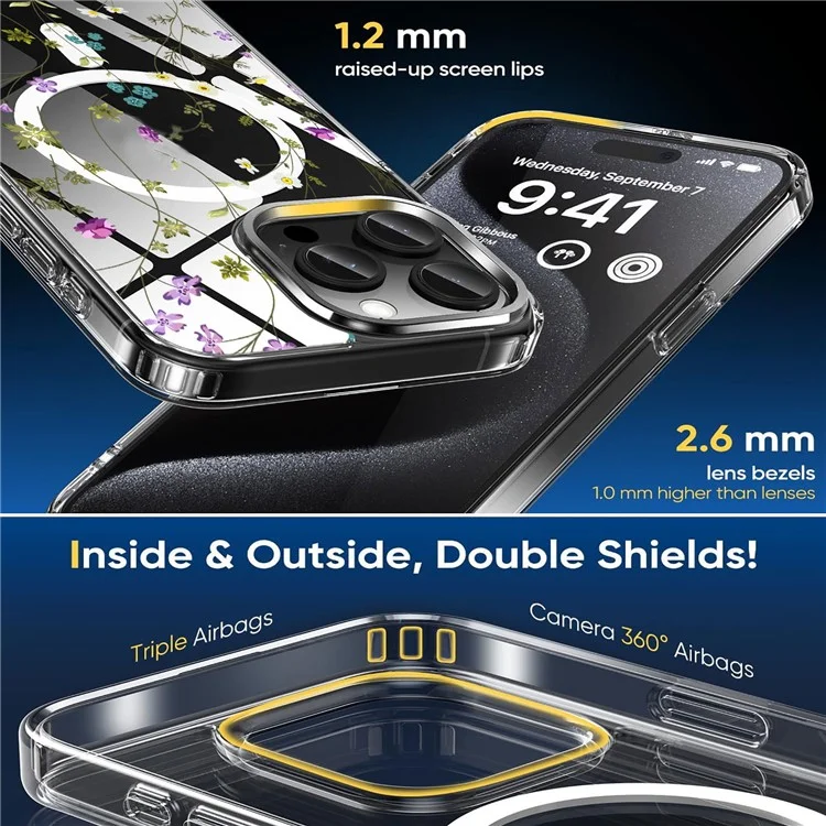 For iPhone 16 Pro Max Case Flower Series TPU+PC Phone Cover Compatible with MagSafe - Transparent