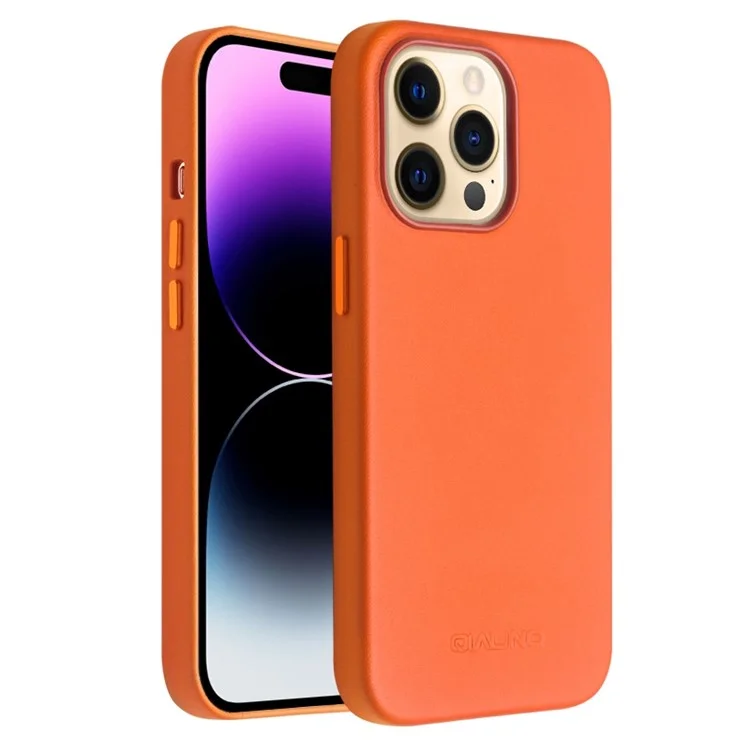Caixa de Telefone Magnético Qialino Para Iphone 14 Pro Max Protetor Anti-queda de Capa de Couro Genuíno Revestido de Choque Revestido de Choque - Laranja