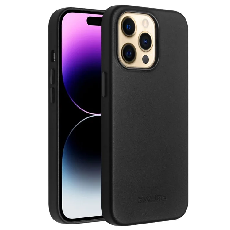 Caixa de Telefone Magnético Qialino Para Iphone 14 Pro Max Protetor Anti-queda de Capa de Couro Genuíno Revestido de Choque Revestido de Choque - Preto