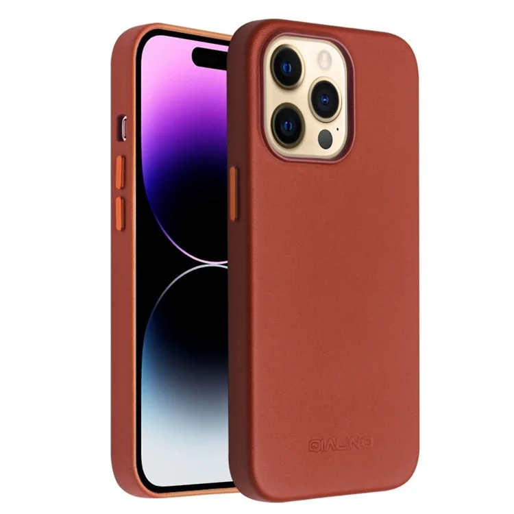 Caixa de Telefone Magnético Qialino Para Iphone 14 Pro Max Protetor Anti-queda de Capa de Couro Genuíno Revestido de Choque Revestido de Choque - Castanho