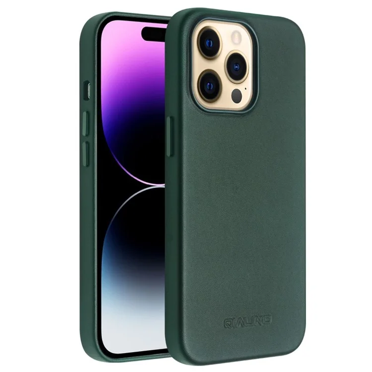 Caixa de Telefone Magnético Qialino Para Iphone 14 Pro Max Protetor Anti-queda de Capa de Couro Genuíno Revestido de Choque Revestido de Choque - Verde