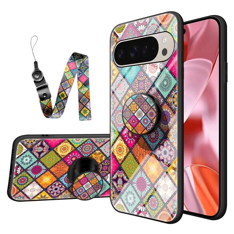 Para Google Pixel 9 Pro / 9 Case Kickstand Pattern Etnic Padrão Tampa de Vidro Temperado Com Cinta - Padrão de Cores