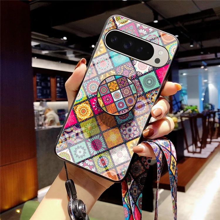 Para Google Pixel 9 Pro / 9 Case Kickstand Pattern Etnic Padrão Tampa de Vidro Temperado Com Cinta - Padrão de Cores