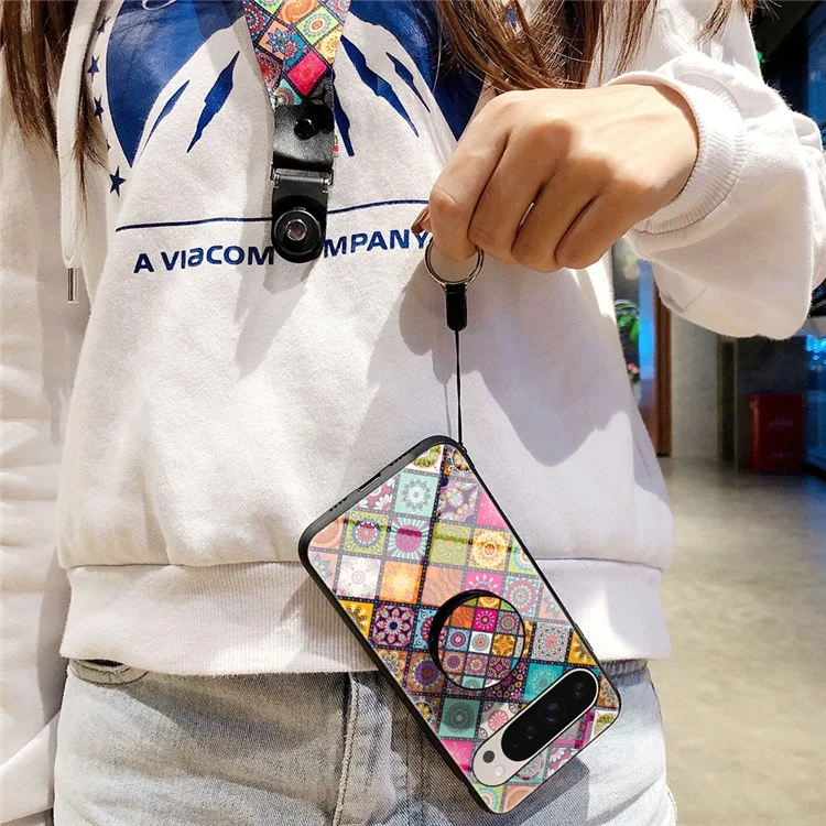 Para Google Pixel 9 Pro / 9 Case Kickstand Pattern Etnic Padrão Tampa de Vidro Temperado Com Cinta - Padrão de Cores