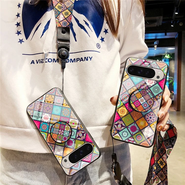Para Google Pixel 9 Pro / 9 Case Kickstand Pattern Etnic Padrão Tampa de Vidro Temperado Com Cinta - Padrão de Cores