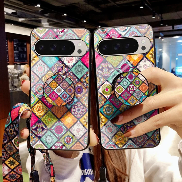 Para Google Pixel 9 Pro / 9 Case Kickstand Pattern Etnic Padrão Tampa de Vidro Temperado Com Cinta - Padrão de Cores