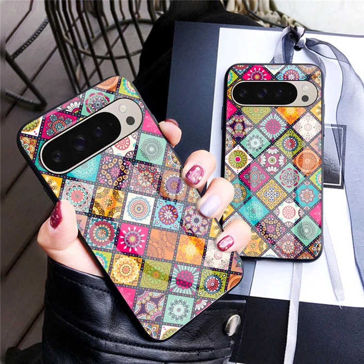 Para Google Pixel 9 Pro / 9 Case Kickstand Pattern Etnic Padrão Tampa de Vidro Temperado Com Cinta - Padrão de Cores