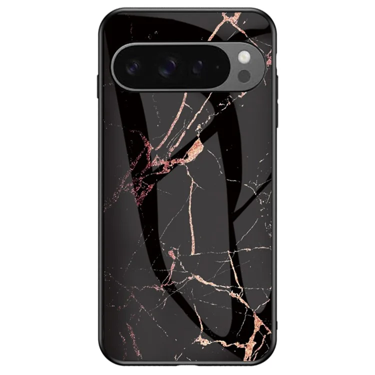 Per Google Pixel 9 Pro XL Case Marble Pattern Tempered Glass+PC+TPU Protective Phone Cover - Oro Nero Marmo