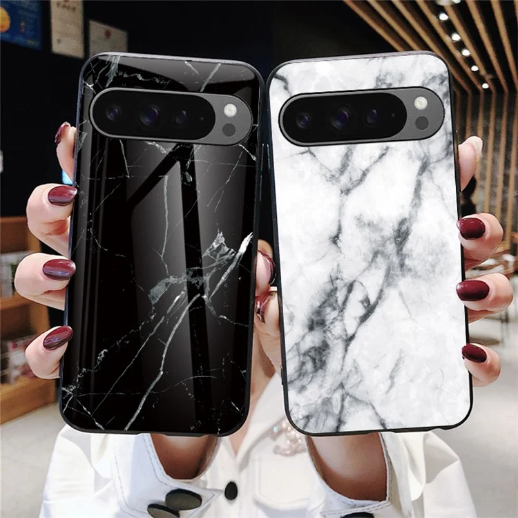 Per Google Pixel 9 Pro XL Case Marble Pattern Tempered Glass+PC+TPU Protective Phone Cover - Oro Nero Marmo