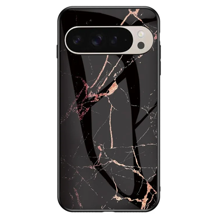 Para o Google Pixel 9 Pro / 9 Case Marble Pattern Tempered Glass+PC+TPU Protective Phone Cover - Gold Black Marble