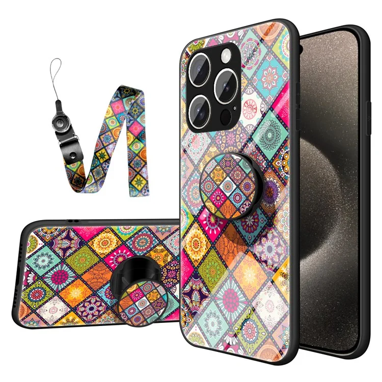 Для Iphone 16 Pro Max Case Case Stand Ethnic Pattern Threaded Glass Cope с Ремешком - Цветовой Рисунок
