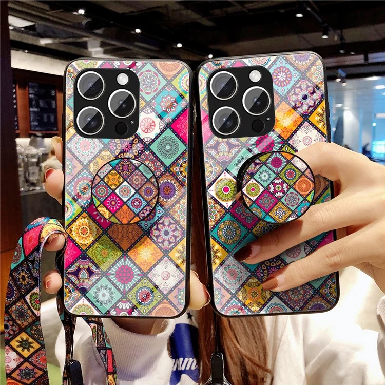 Для Iphone 16 Pro Max Case Case Stand Ethnic Pattern Threaded Glass Cope с Ремешком - Цветовой Рисунок