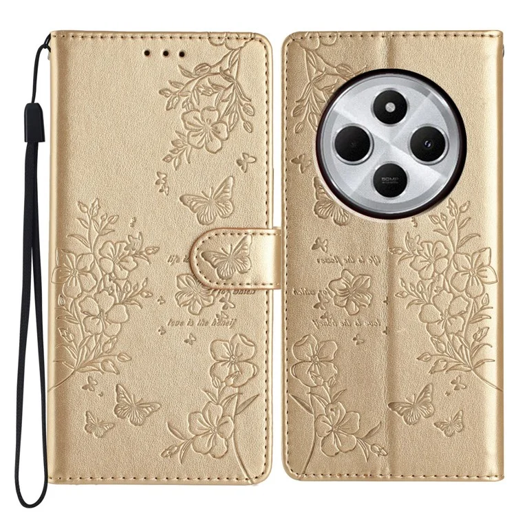 Para Xiaomi Redmi 14C 4G Billetera Case de Teléfono Butterfly Floral Impresión Flip Cover Flip - Oro