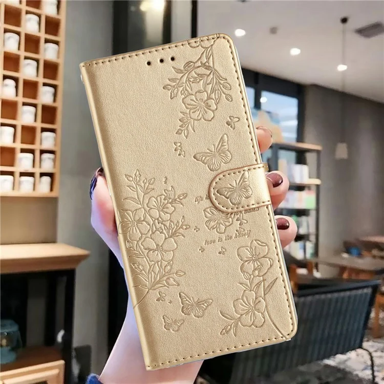Para Xiaomi Redmi 14C 4G Billetera Case de Teléfono Butterfly Floral Impresión Flip Cover Flip - Oro