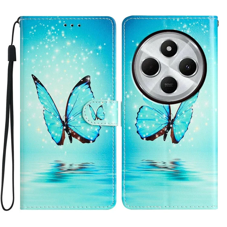 Для Xiaomi Poco C75 4G / Redmi 14R 5G / 14C 4G Чехол-книжка из искусственной кожи с узором, подставка, чехол для телефона со шнурком - синяя бабочка