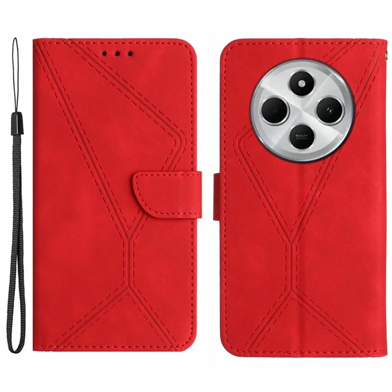 HT05 для Xiaomi Poco C75 4G / Redmi 14R 5G / 14C 4G Чехол Кожа-Тактильные Линии PU Кожаный Флип Чехол для Телефона - Красный