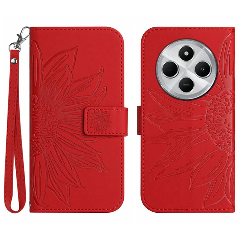 HT04 Pour Xiaomi Redmi 14c 4G Boîtier de Tournesol Empreinte de Portefeuille en Cuir Couverture de Téléphone Avec Bracelet de Poignet - Rouge