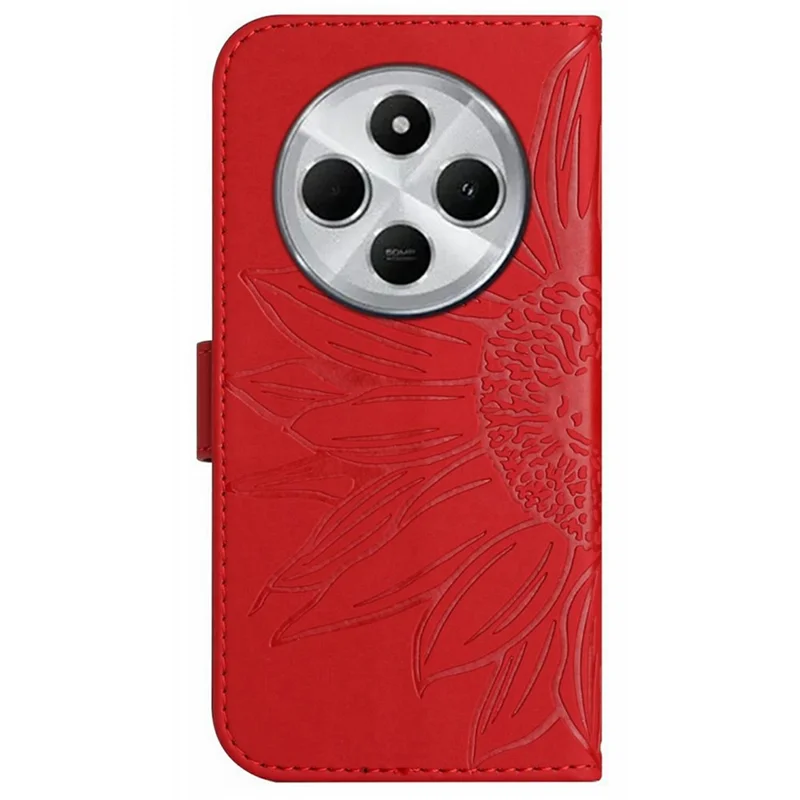 HT04 Pour Xiaomi Redmi 14c 4G Boîtier de Tournesol Empreinte de Portefeuille en Cuir Couverture de Téléphone Avec Bracelet de Poignet - Rouge