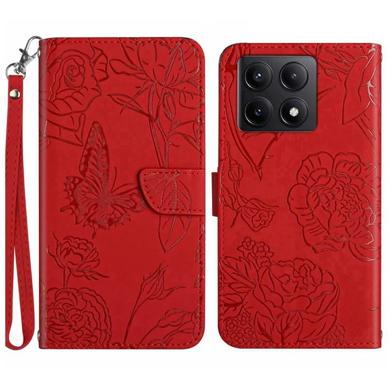 HT03 Para Xiaomi 14t Case Butterfly Flower Imprime Couro de Couro Com Alça de Ombro - Vermelho