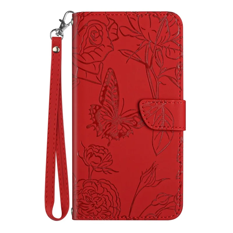 HT03 Para Xiaomi 14t Case Butterfly Flower Imprime Couro de Couro Com Alça de Ombro - Vermelho