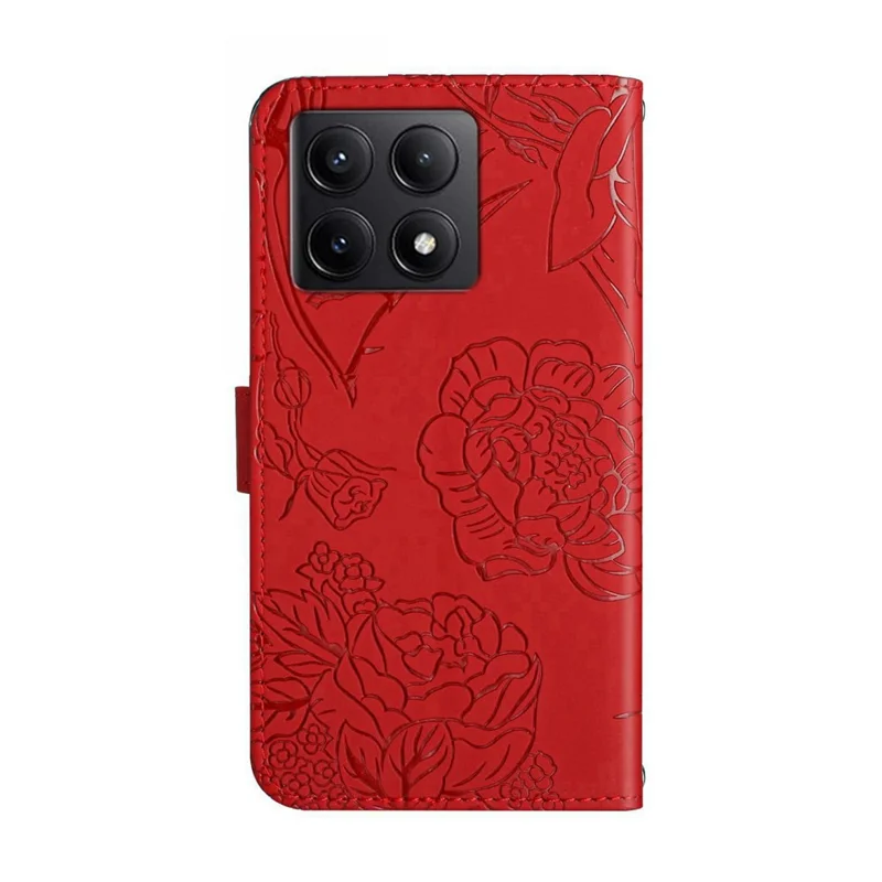 HT03 Para Xiaomi 14t Case Butterfly Flower Imprime Couro de Couro Com Alça de Ombro - Vermelho