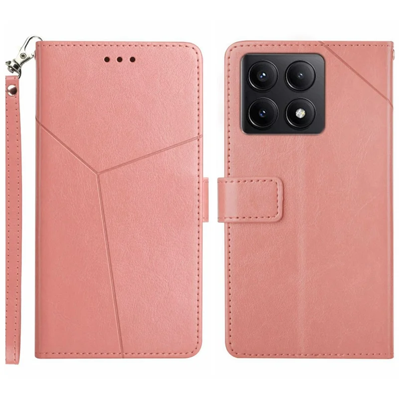 For Xiaomi 14T Case with Wrist Strap Y Shaped Lines Imprint Leather Phone Cover - Pink