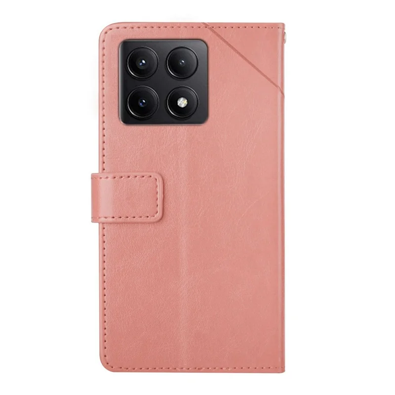 For Xiaomi 14T Case with Wrist Strap Y Shaped Lines Imprint Leather Phone Cover - Pink